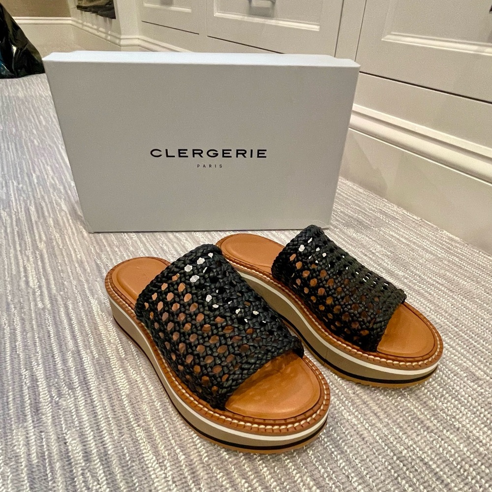 CLERGERIE “Fausta” Black Woven Slides Wedge Platform Sandals Sz 38 - US 7.5